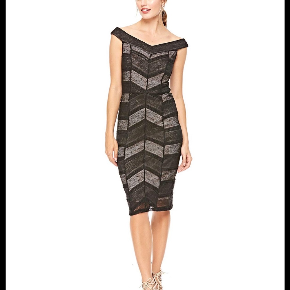 Bebe Black Lace Overlay Midi Dress Off Shoulder Stretchy Bodycon Cocktail Sz 10